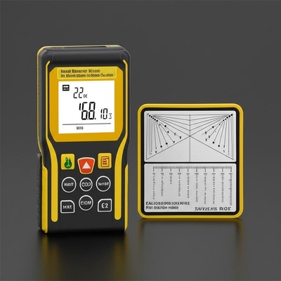 Medidor de distancia láser de mano amarillo gris y placa de calibración para un cálculo preciso de la distancia